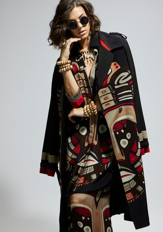 Sva By Sonam And Paras Modi Black Crepe Mask Print Trench Coat available on indiaspopup