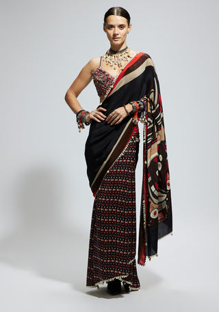 Black mask print cascade sari and bustier