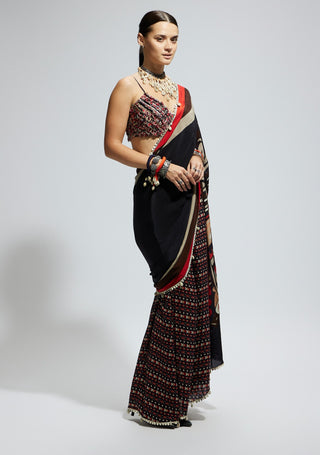 Black mask print cascade sari and bustier