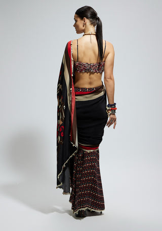 Black mask print cascade sari and bustier