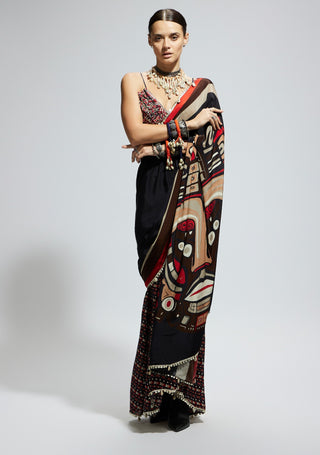 Black mask print cascade sari and bustier