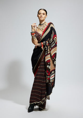 Black mask print cascade sari and bustier