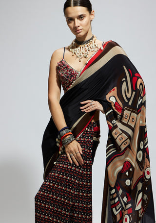 Black mask print cascade sari and bustier