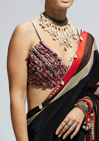 Black mask print cascade sari and bustier