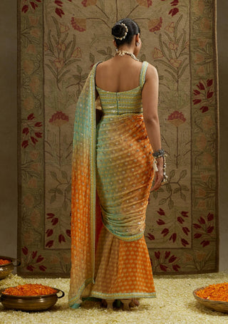 Sva By Sonam And Paras Modi Orange Embellished Bustier And Orange Blue Sari available on indiaspopup