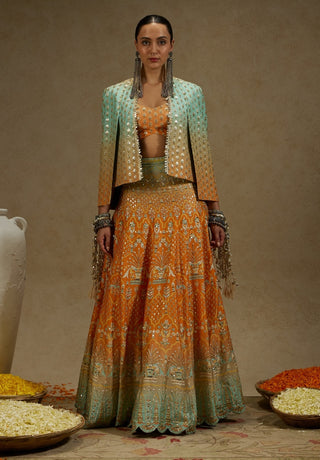 Sva By Sonam And Paras Modi Orange Blue Embellished Cape Jacket And Ombre Lehenga Set available on indiaspopup