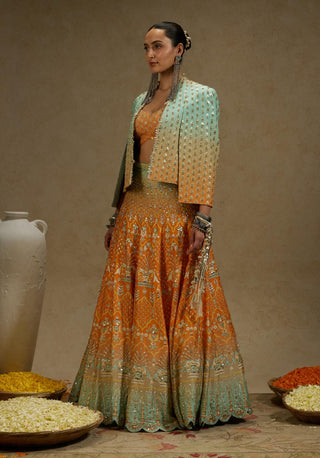 Sva By Sonam And Paras Modi Orange Blue Embellished Cape Jacket And Ombre Lehenga Set available on indiaspopup