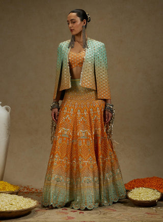 Sva By Sonam And Paras Modi Orange Blue Embellished Cape Jacket And Ombre Lehenga Set available on indiaspopup