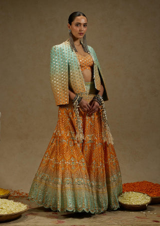 Sva By Sonam And Paras Modi Orange Blue Embellished Cape Jacket And Ombre Lehenga Set available on indiaspopup