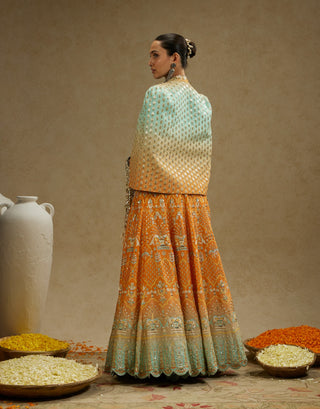 Sva By Sonam And Paras Modi Orange Blue Embellished Cape Jacket And Ombre Lehenga Set available on indiaspopup