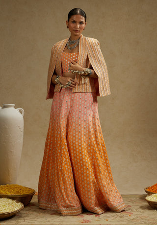 Sva By Sonam And Paras Modi Orange Pink Embellished Cape Jacket And Ombre Lehenga Set available on indiaspopup