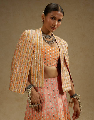 Sva By Sonam And Paras Modi Orange Pink Embellished Cape Jacket And Ombre Lehenga Set available on indiaspopup