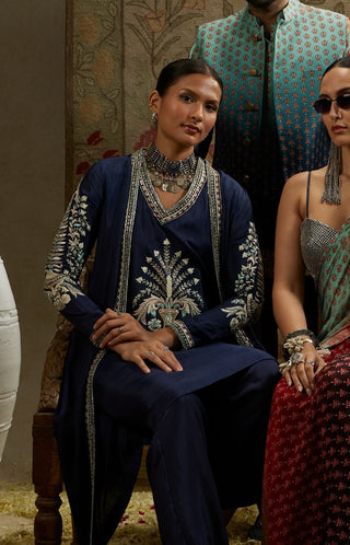 Sva By Sonam And Paras Modi Blue V-Neck Front Butta Kurta And Jacket Set available on indiaspopup