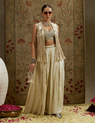 Sva By Sonam And Paras Modi Ivory Magnolia Cream Fringe Jacket And Flared Pant Set available on indiaspopup