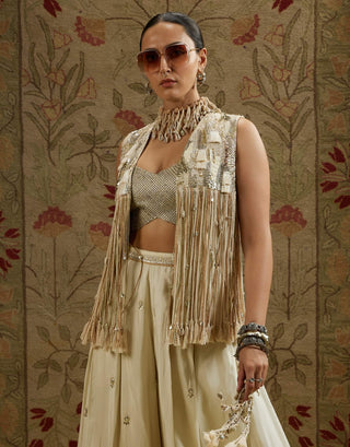 Sva By Sonam And Paras Modi Ivory Magnolia Cream Fringe Jacket And Flared Pant Set available on indiaspopup