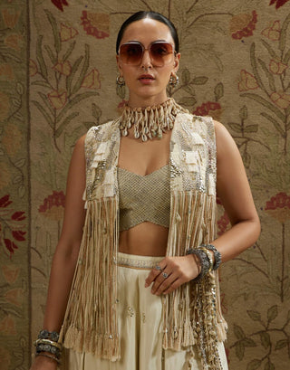 Sva By Sonam And Paras Modi Ivory Magnolia Cream Fringe Jacket And Flared Pant Set available on indiaspopup