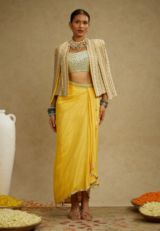 Yellow dandelion embellished jacket and skirt set