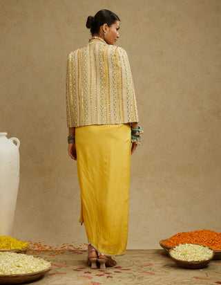 Yellow dandelion embellished jacket and skirt set