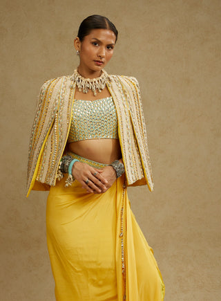 Yellow dandelion embellished jacket and skirt set