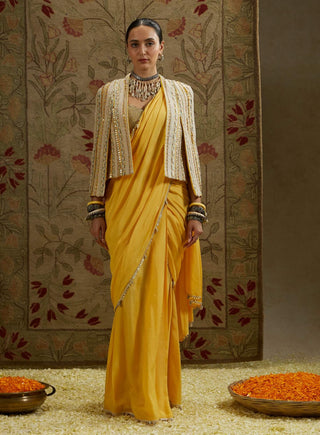 Sva By Sonam And Paras Modi Yellow Dandelion Cascade Sari And Cape Set available on indiaspopup