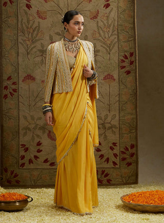 Sva By Sonam And Paras Modi Yellow Dandelion Cascade Sari And Cape Set available on indiaspopup