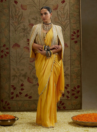 Sva By Sonam And Paras Modi Yellow Dandelion Cascade Sari And Cape Set available on indiaspopup