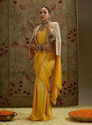 Sva By Sonam And Paras Modi Yellow Dandelion Cascade Sari And Cape Set available on indiaspopup