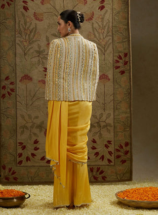 Sva By Sonam And Paras Modi Yellow Dandelion Cascade Sari And Cape Set available on indiaspopup