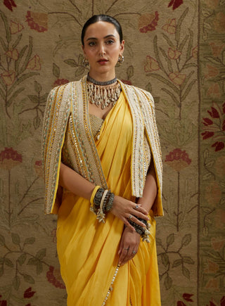 Sva By Sonam And Paras Modi Yellow Dandelion Cascade Sari And Cape Set available on indiaspopup