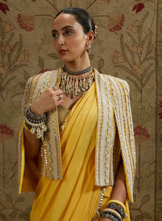 Sva By Sonam And Paras Modi Yellow Dandelion Cascade Sari And Cape Set available on indiaspopup