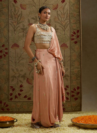 Pink embellished bustier and draped sari