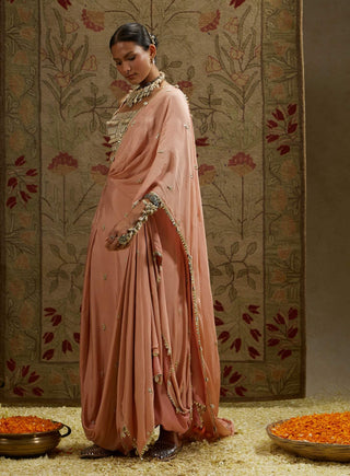 Pink embellished bustier and draped sari