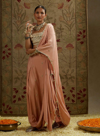 Pink embellished bustier and draped sari