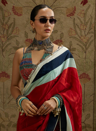 Sva By Sonam And Paras Modi Red Mask Print Cascade Sari And Bustier available on indiaspopup