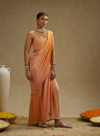 Sva By Sonam And Paras Modi Orange Pink Ombre Print Cascade Sari And Bustier available on indiaspopup