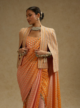 Sva By Sonam And Paras Modi Pink Orange Ombre Print Cascade Sari And Noor Jacket Set available on indiaspopup