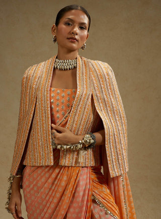 Sva By Sonam And Paras Modi Pink Orange Ombre Print Cascade Sari And Noor Jacket Set available on indiaspopup