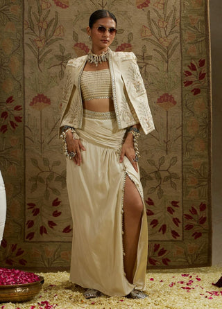 Sva By Sonam And Paras Modi Ivory Magnolia Cream Embellished Cape And Skirt Set available on indiaspopup