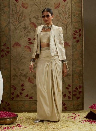 Sva By Sonam And Paras Modi Ivory Magnolia Cream Embellished Cape And Skirt Set available on indiaspopup