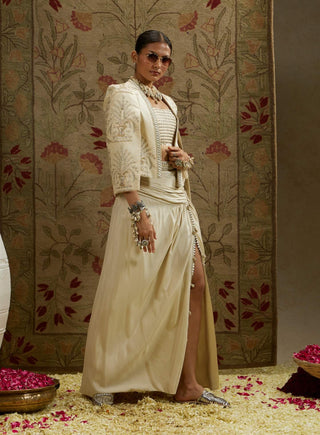 Sva By Sonam And Paras Modi Ivory Magnolia Cream Embellished Cape And Skirt Set available on indiaspopup