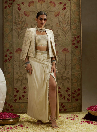 Sva By Sonam And Paras Modi Ivory Magnolia Cream Embellished Cape And Skirt Set available on indiaspopup