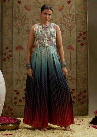 Sva By Sonam And Paras Modi Blue Red Ombre Print Embellished Jumpsuit available on indiaspopup