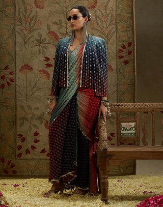 Sva By Sonam And Paras Modi Blue Red Ombre Print Cascade Sari And Cape Set available on indiaspopup