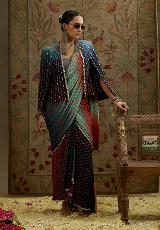 Sva By Sonam And Paras Modi Blue Red Ombre Print Cascade Sari And Cape Set available on indiaspopup