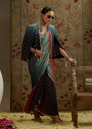 Sva By Sonam And Paras Modi Blue Red Ombre Print Cascade Sari And Cape Set available on indiaspopup