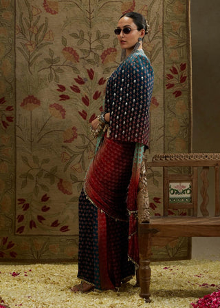 Sva By Sonam And Paras Modi Blue Red Ombre Print Cascade Sari And Cape Set available on indiaspopup