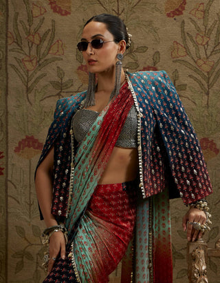 Sva By Sonam And Paras Modi Blue Red Ombre Print Cascade Sari And Cape Set available on indiaspopup