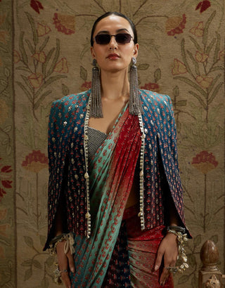 Sva By Sonam And Paras Modi Blue Red Ombre Print Cascade Sari And Cape Set available on indiaspopup