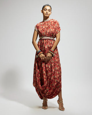 Sva By Sonam And Paras Modi Orange Jaal Printed Cowl Dress And Belt available on indiaspopup