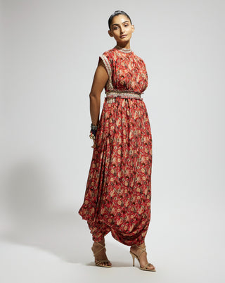 Orange jaal printed cowl dress and belt